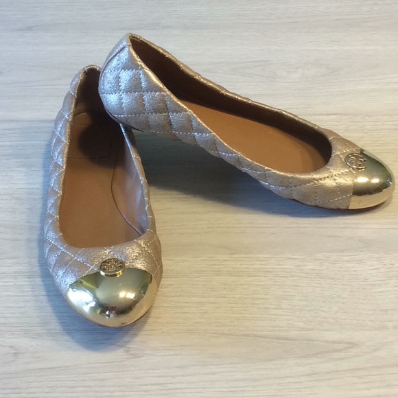 Tory Burch Kaitlin Quilted Metallic Ballet Flats Shoes Tan Gold - Size 7 - Picture 2 of 16